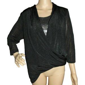 Thomas & Olivia Party Holiday Blouse Small Black Asymmetric Wrap Top sheen shirt
